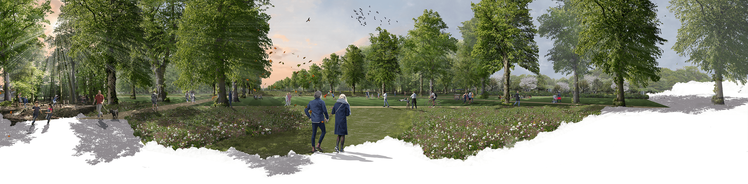 A photomontage of the proposed development at Abbey Barn, set against existing mature woodlands and open parklands. © BMD