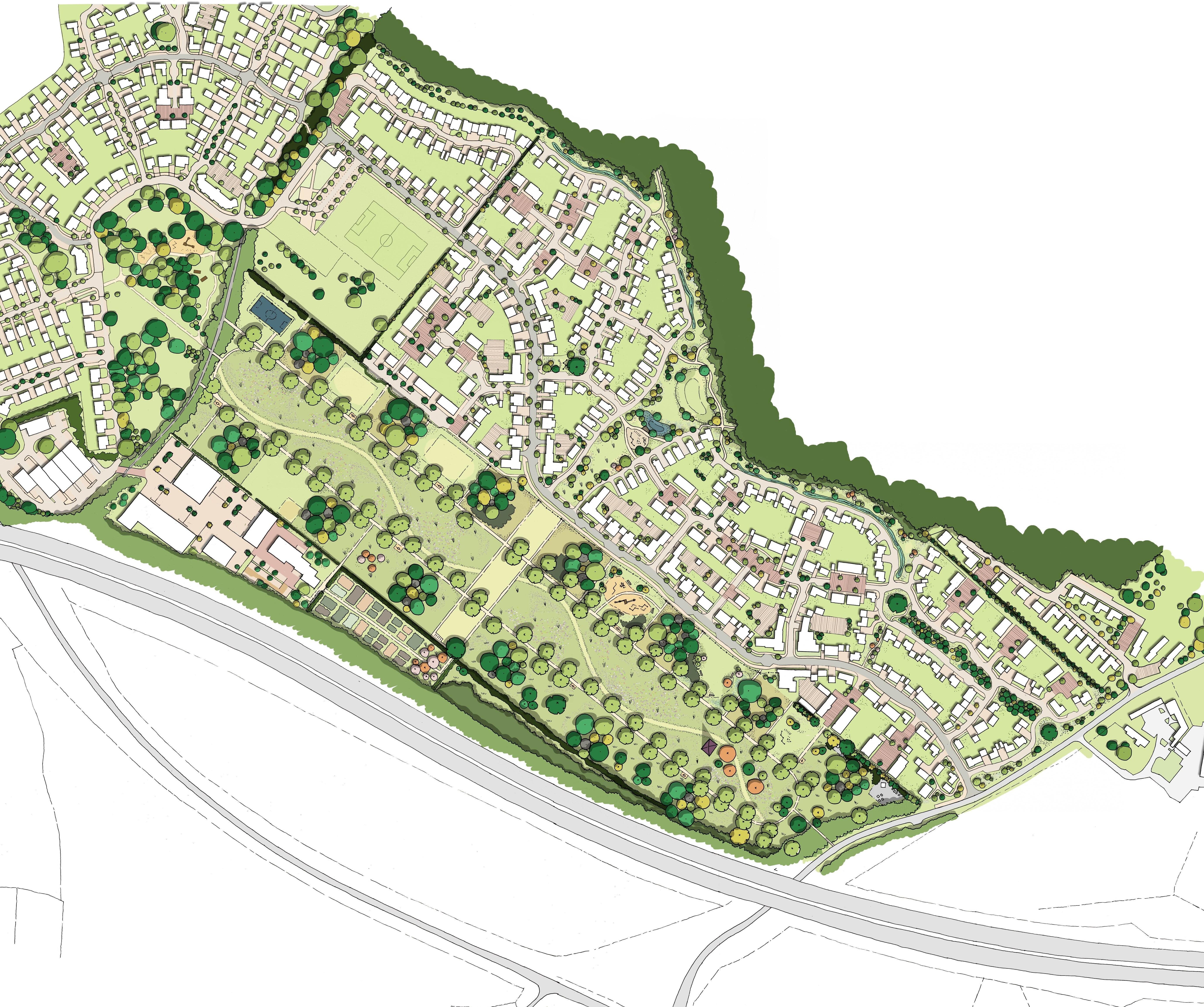 An illustrative masterplan showing the proposed development at Abbey Barn. © BMD