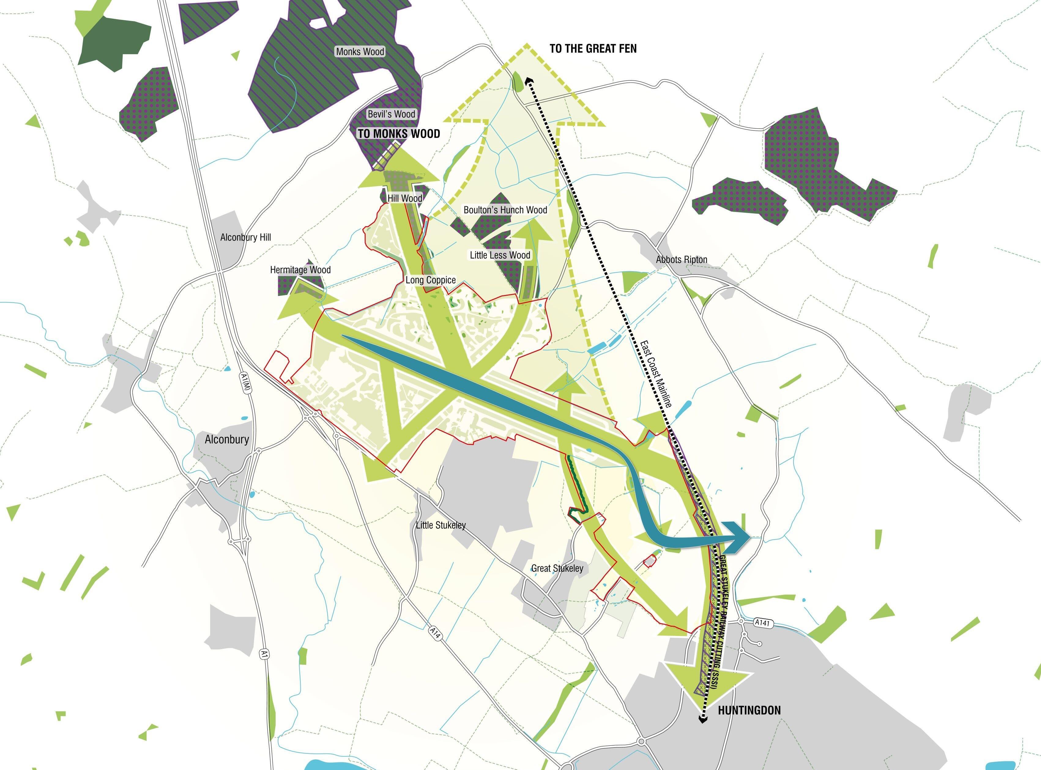 An illustrative plan showing the proposed green infrastructure corridors to connect existing assets to the site at Alconbury Weald. © BMD