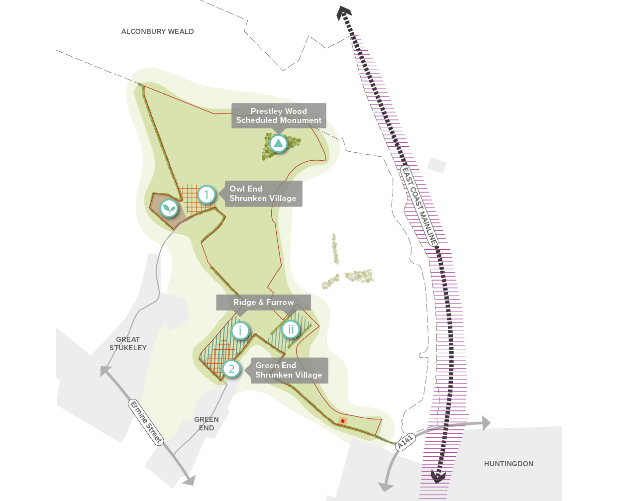 An illustrative plan showing heritage features at Grange Farm. © BMD