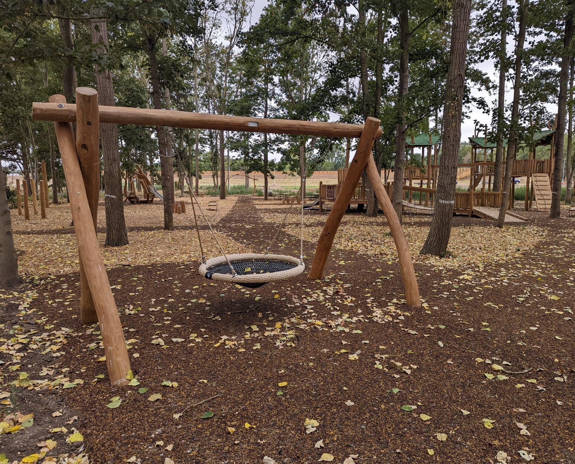 A photograph of a play area within a woodland