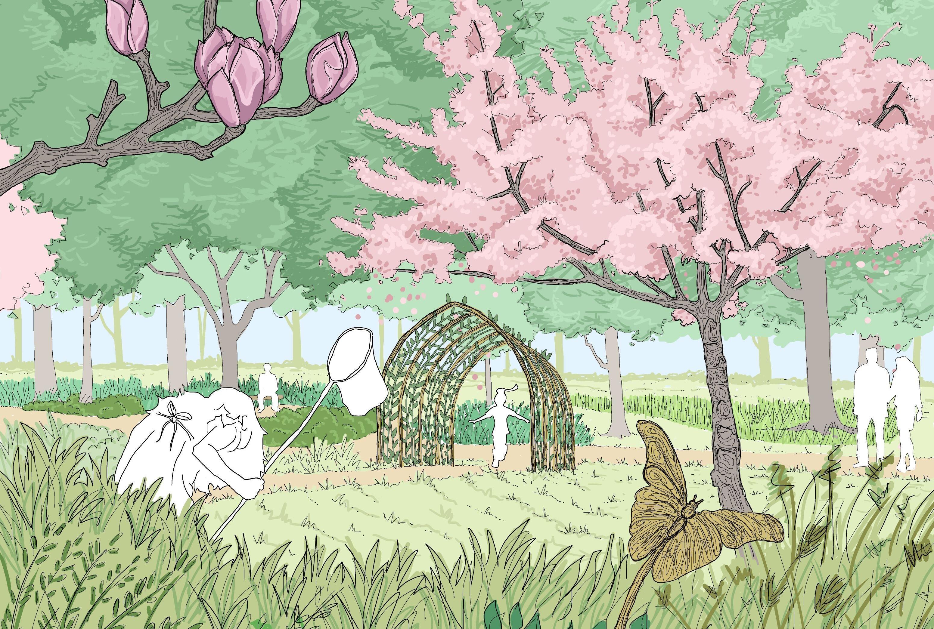 A rendered sketch of children playing in willow tunnel 
