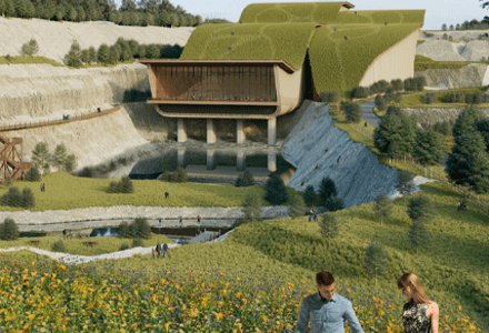 A CGI Render of Valley Ridge Resort. The resort building is proposed within a re-purposed quarry. The valley hosts outdoor adventure spaces with highwires and climbing walls up the valley sides. The valley is flanked by woodlands, green space and planting areas.
