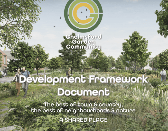 The front cover of the DFD document with a CGI render of the proposed landscape at Chelmsford Community Garden. © JTP