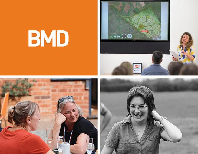 A photomontage of the BMD logo and members of the BMD team