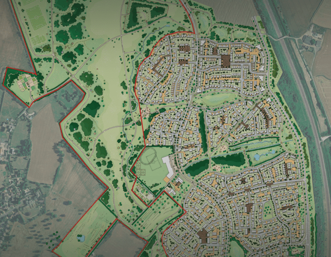 A rendered masterplan of Grange Farm Country Park surrounding proposed residential development