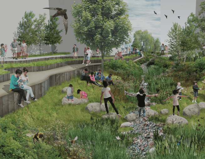 A CGI Render showing a raised pathways that runs alongside an open green space with trees, wetland planting and swale. Children are playing near the swale and families and friends are relaxing along the grass verges.