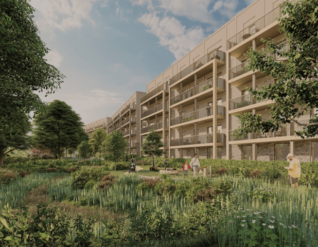 A CGI render of a proposed residential apartment with a multi-use open space featuring informal play spaces and large areas of biodiverse planting.