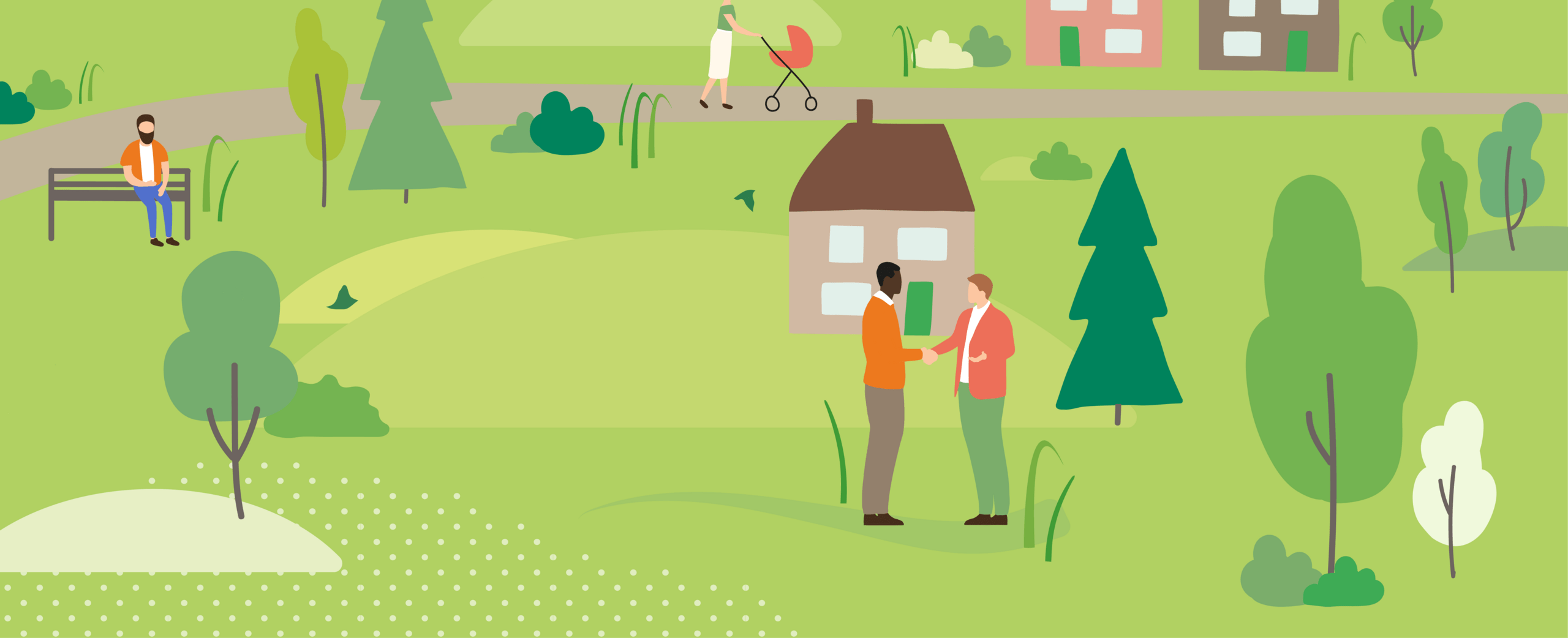 An illustrated scene of houses set within a thriving landscape setting