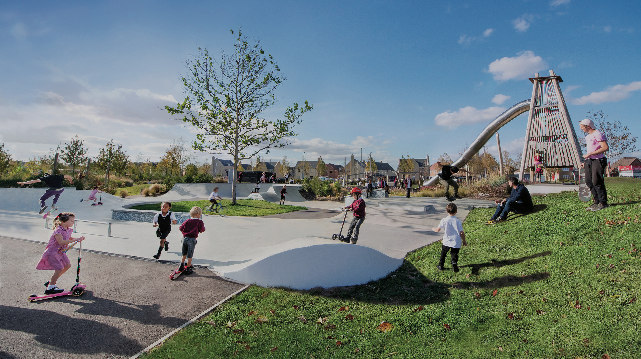 A photograph of children playing in skate park