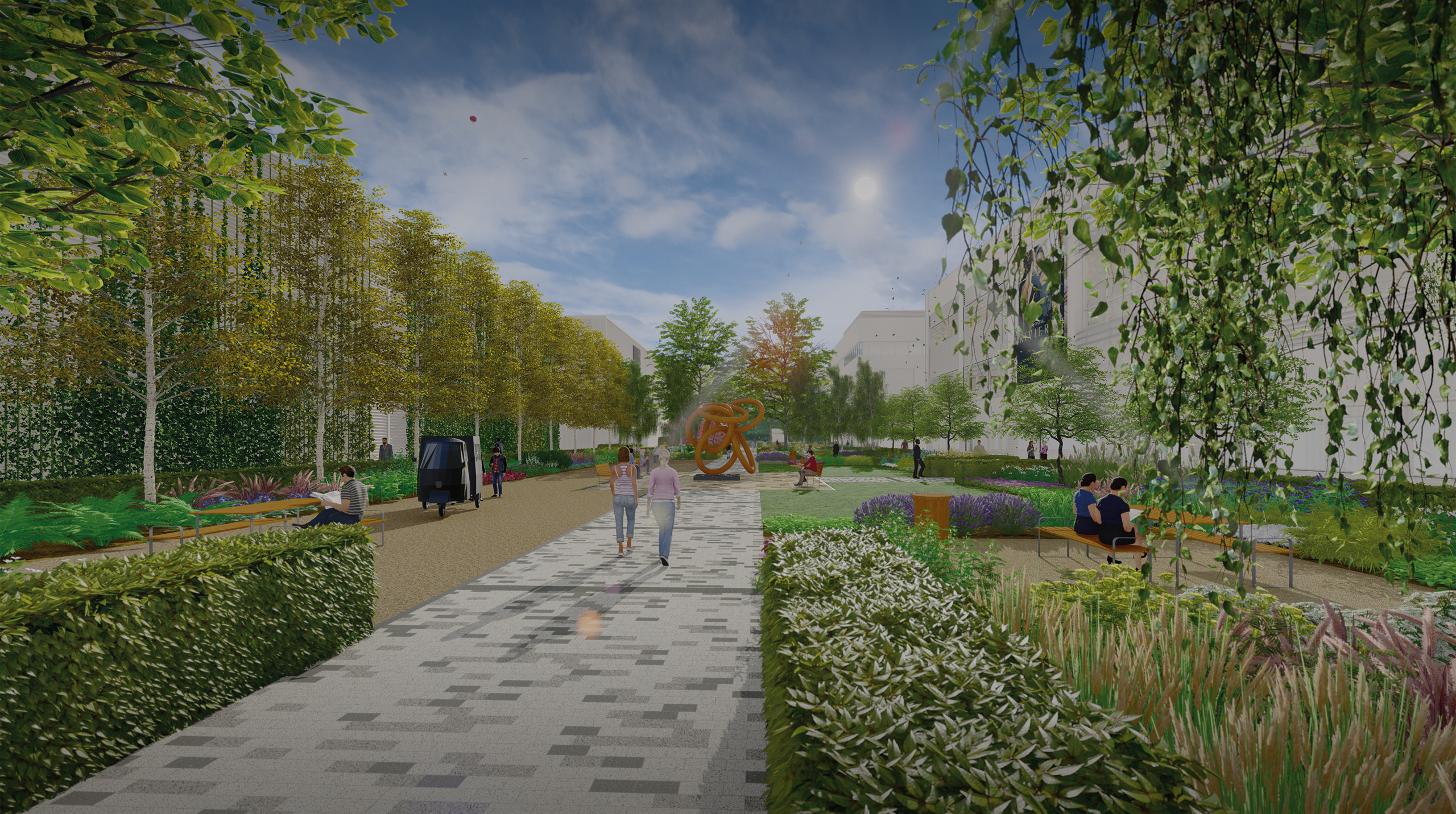 A CGI visual of the formal landscape gardens with trees, hedges and seating within planting