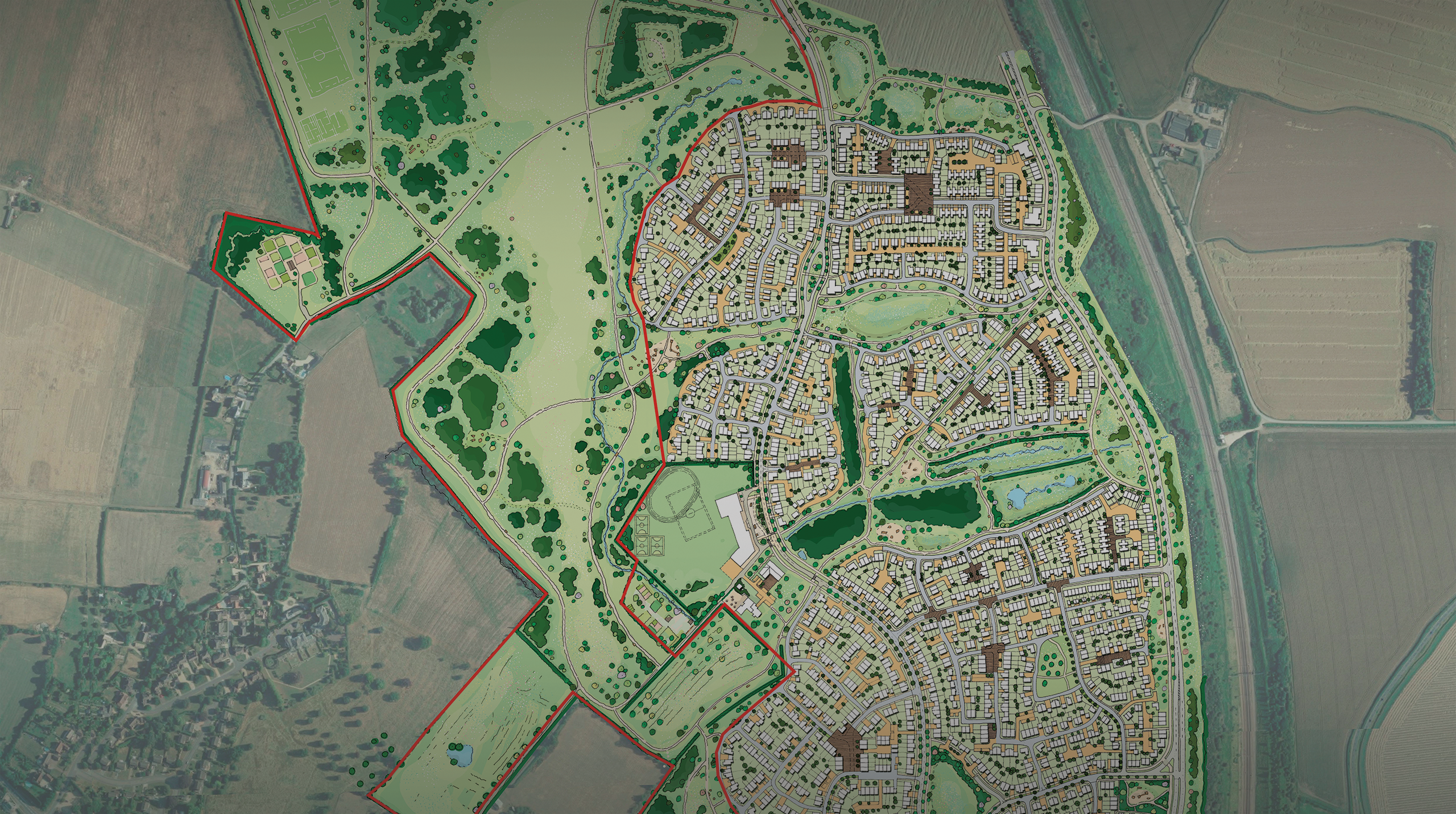 A rendered masterplan of Grange Farm Country Park surrounding proposed residential development
