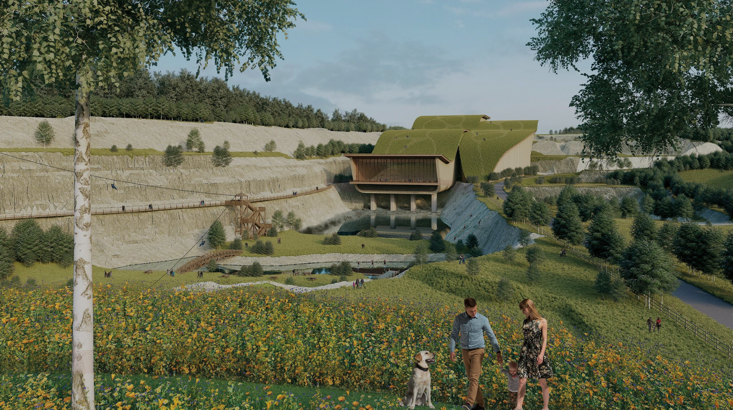 A CGI Render of Valley Ridge Resort. The resort building is proposed within a re-purposed quarry. The valley hosts outdoor adventure spaces with highwires and climbing walls up the valley sides. The valley is flanked by woodlands, green space and planting areas.
