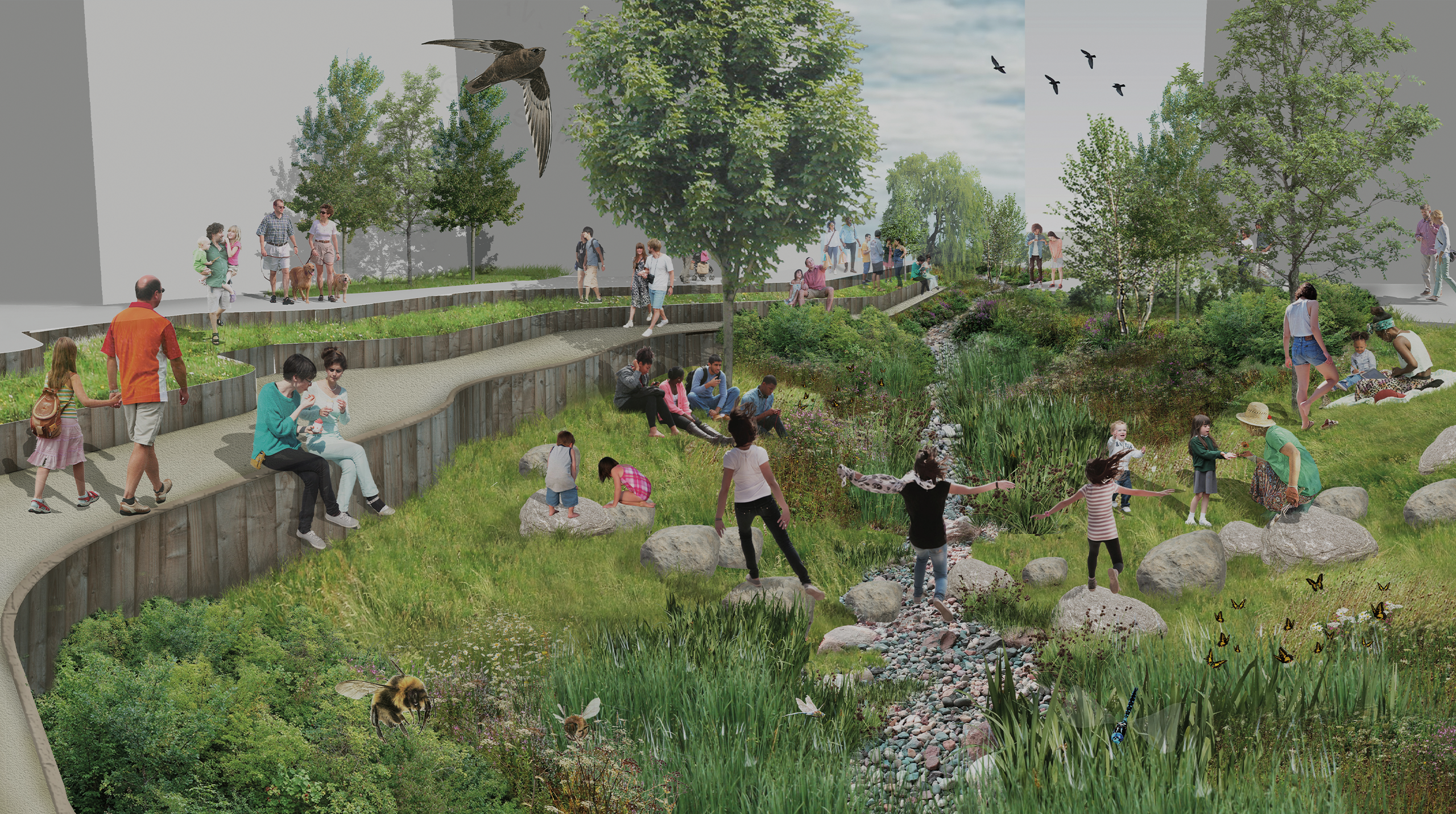 A CGI Render showing a raised pathways that runs alongside an open green space with trees, wetland planting and swale. Children are playing near the swale and families and friends are relaxing along the grass verges.