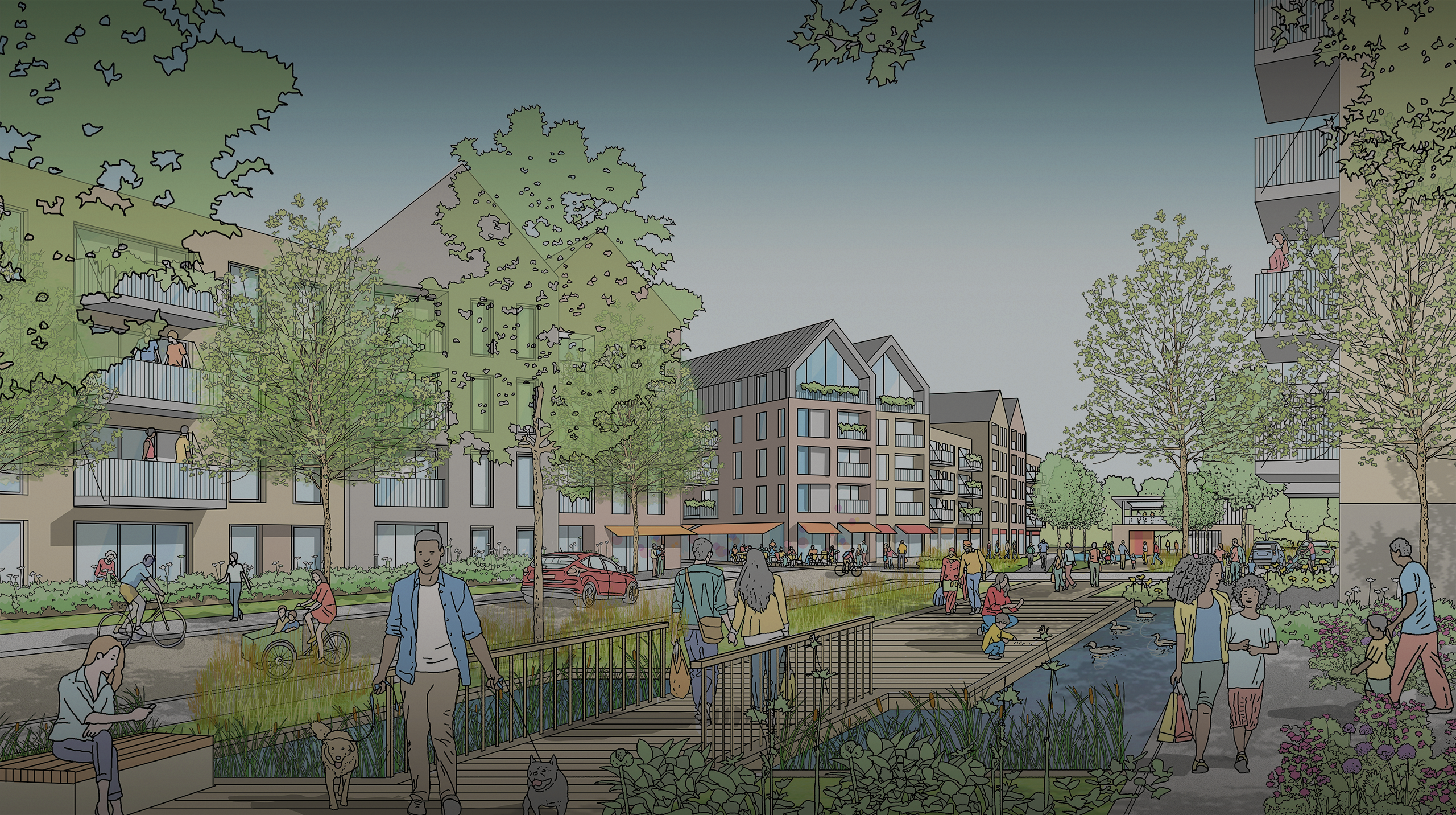 An illustrated scene of houses set within a thriving landscape setting