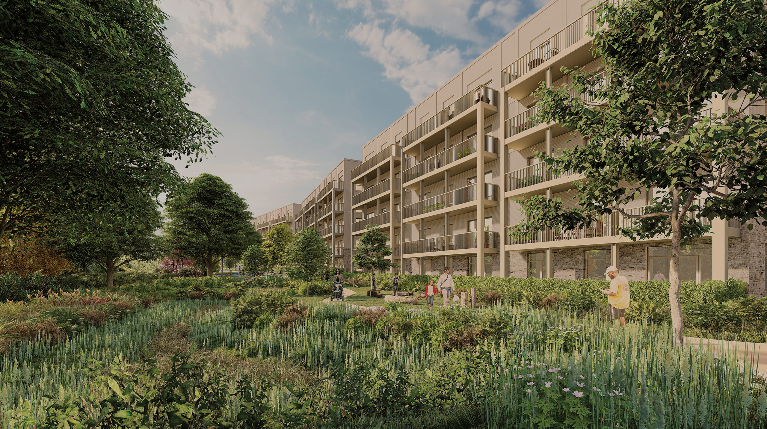 A CGI render of a proposed residential apartment with a multi-use open space featuring informal play spaces and large areas of biodiverse planting.