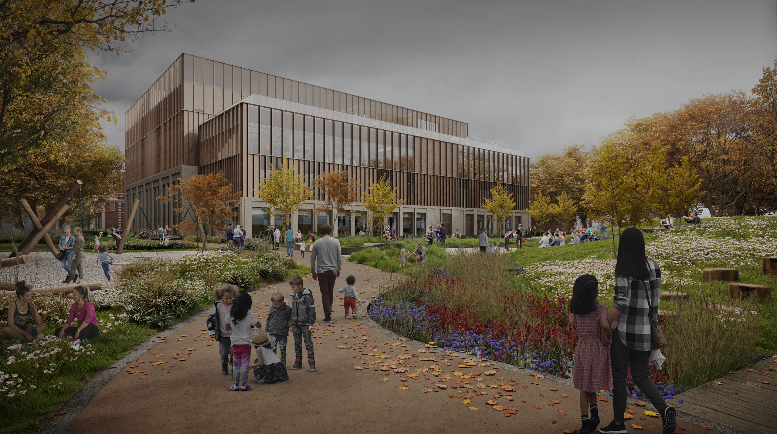 A CGI render of a footpath meandering through the natural play proposed at Kingston Leisure Centre. © BMD & James Holyoak