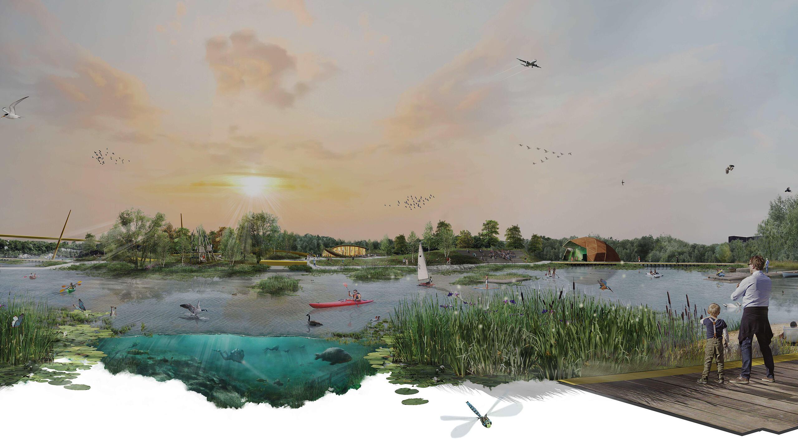 A photomontage of BMD proposals for the Ebbsfleet International Competition entry, HALO. The photomontage shows lakeside developments including a community hive building, watersport activities, wetland planting connected by a elevated walkway.