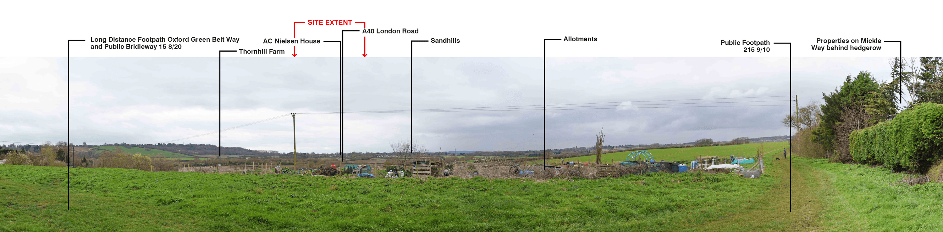 A panoramic photograph from a Thornhill Park viewpoint, with labels to illustrate the extent of the site within the surrounding context. © BMD