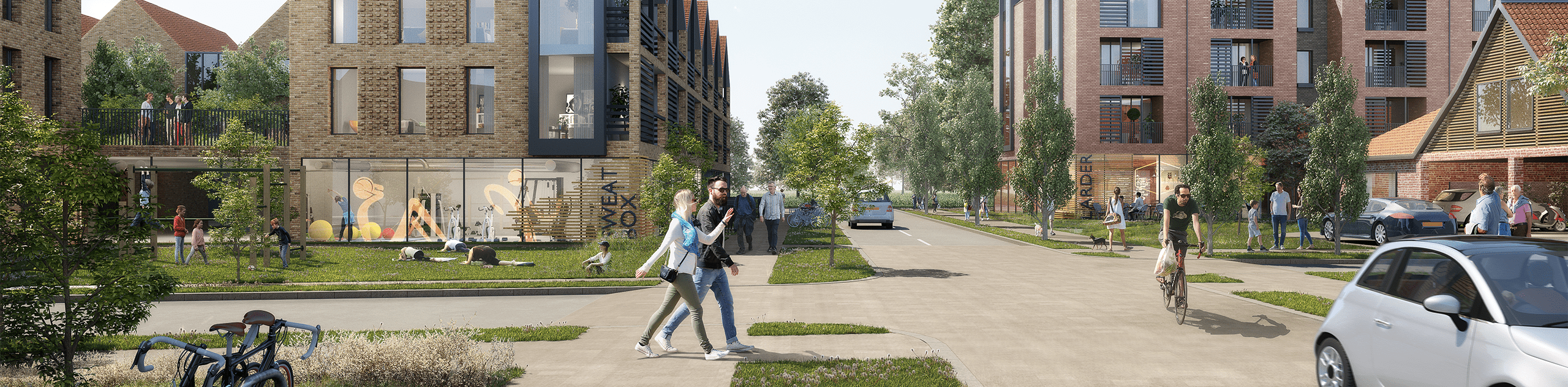 A CGI render of the community buildings and landscape proposed at Marleigh Phase 2. © JTP