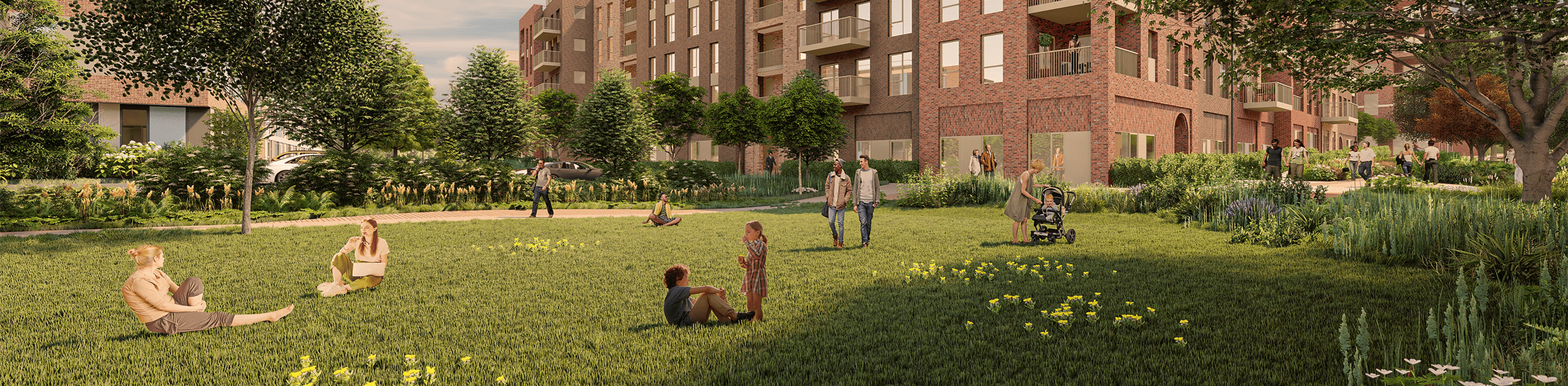 A CGI render of an area of amenity grassland with woodland planting, creating a secluded communal area for residents to enjoy. © JTP
