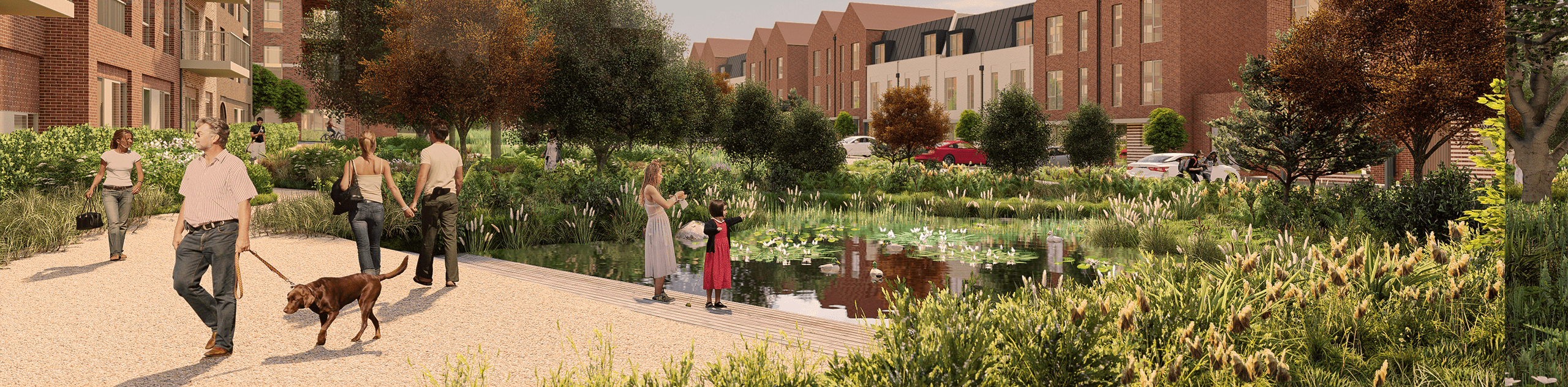 A CGI render of the proposed SuDS pond with a boardwalk platform and wetland planting. © JTP A CGI render of the proposed SuDS pond with a boardwalk platform and wetland planting. © JTP