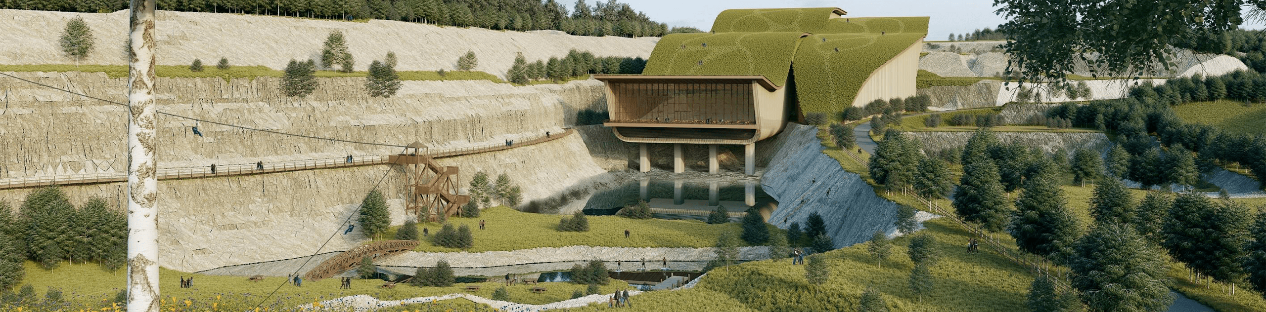 A CGI render of the leisure centre at Valley Ridge showing outdoor activities within the Valley setting. © HMA A CGI render of the leisure centre at Valley Ridge showing outdoor activities within the Valley setting. © HMA