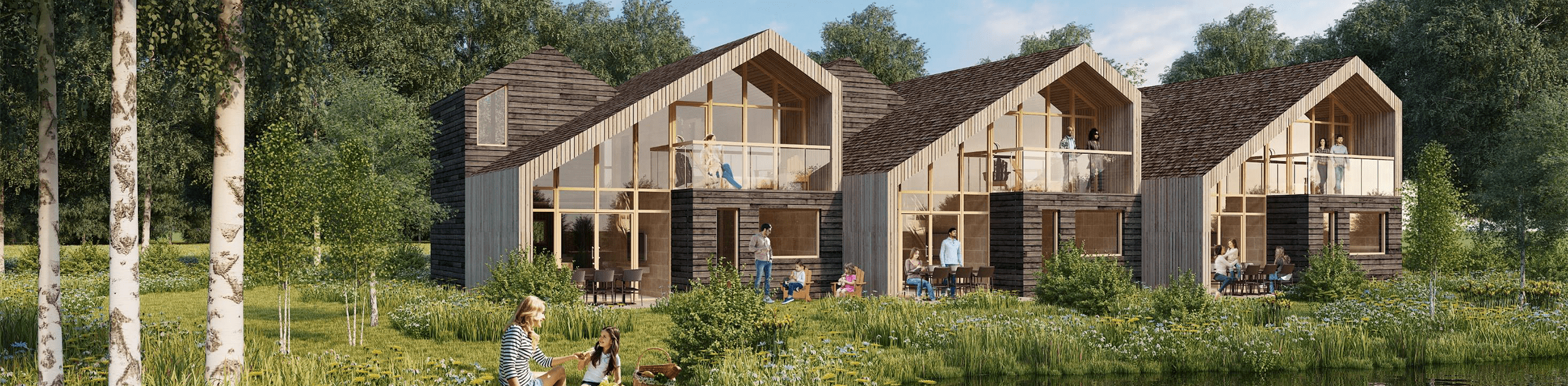 A CGI render of the lakeside lodges nestled in wetland and tree planting. © HMA