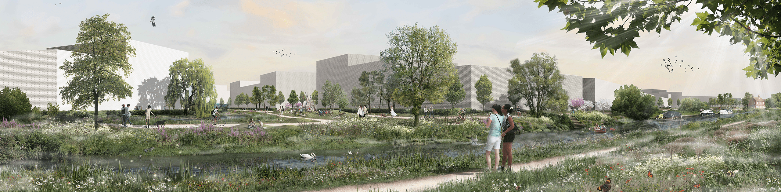 A photomontage view from the river Wey footpath, overlooking the proposed development and riverside park at Weyside. © BMD A photomontage view from the river Wey footpath, overlooking the proposed development and riverside park at Weyside. © BMD