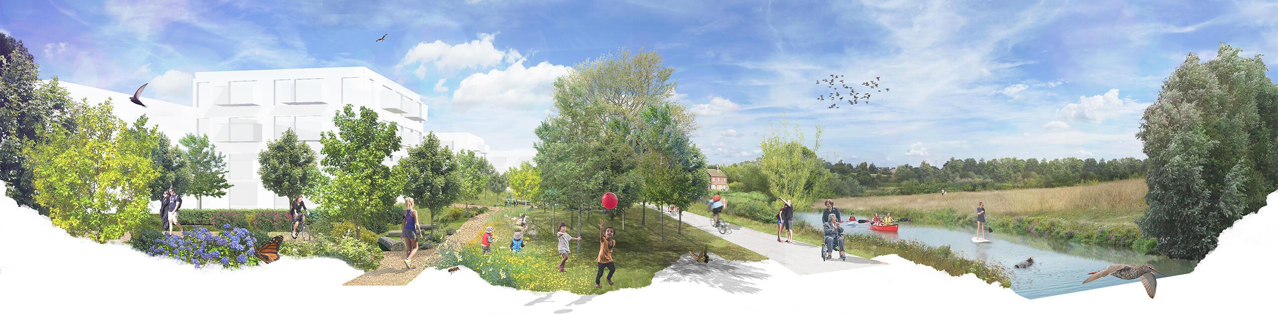 A photomontage showing how the proposed development and riverside park will enhance and connect to the river Wey. © JTP