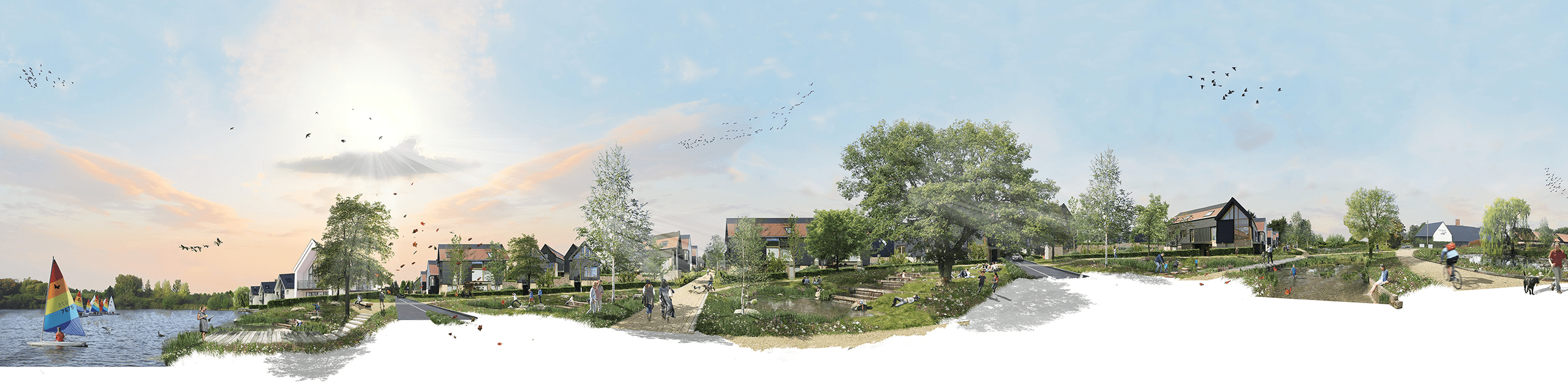 A photomontage section cutting through one of the key open spaces at Chelmsford Garden Community, showing the change in levels from the top of the site down to the lakeside. © BMD