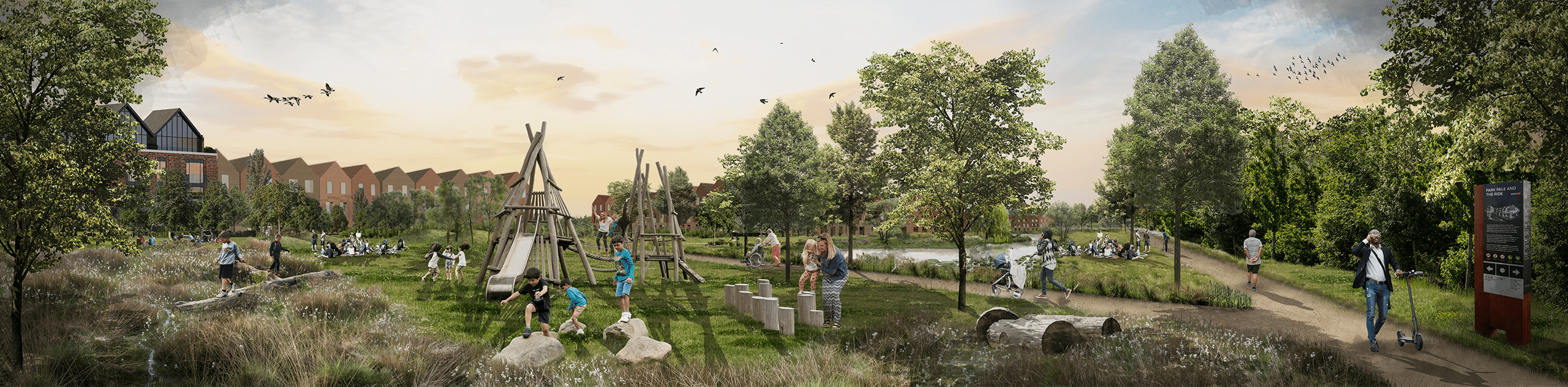 A photomontage view of proposed residential built form overlooking a parkland with woodland planting, grasslands and community park. © BMD