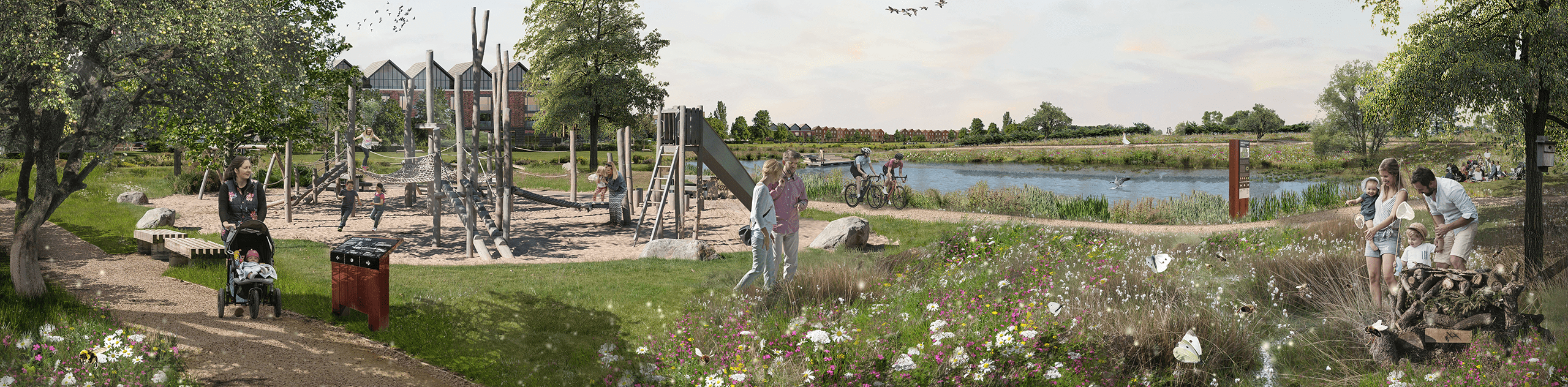 A photomontage view of a lakeside play area with footpaths, cyclepaths, woodland and grassland planting. © BMD