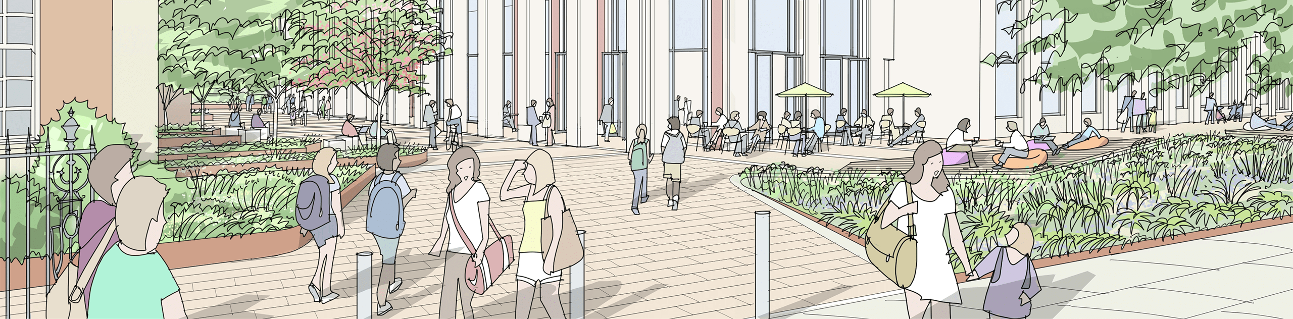 A sketch view of the spill-out cafe space with trees and shrubs in raised planters. © BMD & James Holyoak