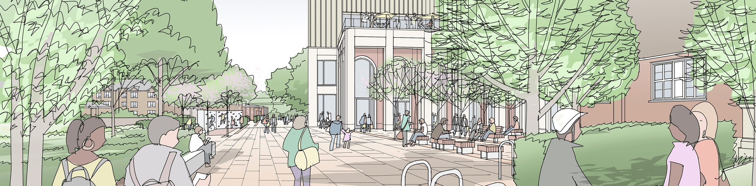A sketch view of the multi-functional civic space outside the Leisure Centre. © BMD & James Holyoak