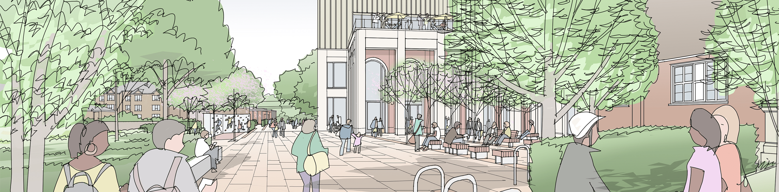 A sketch view of the multi-functional civic space outside the Leisure Centre. © BMD & James Holyoak A sketch view of the multi-functional civic space outside the Leisure Centre. © BMD & James Holyoak