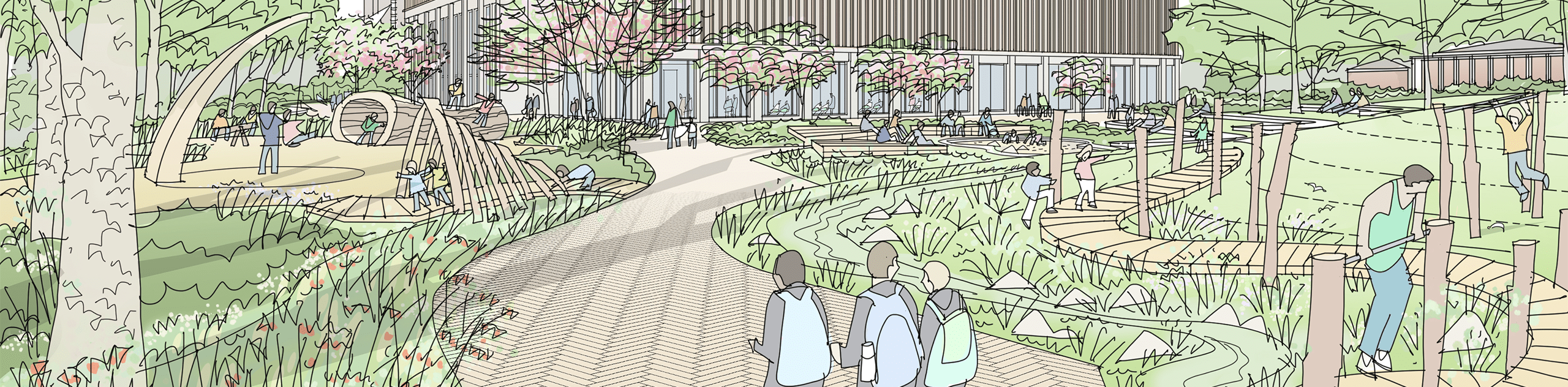 A sketch view of a footpath meandering through the natural play proposed at Kingston Leisure Centre. © BMD & James Holyoak
