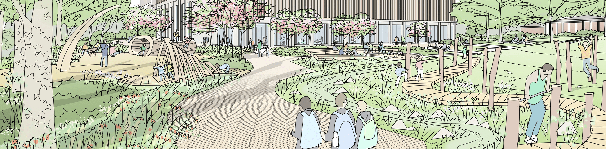 A sketch view of a footpath meandering through the natural play proposed at Kingston Leisure Centre. © BMD & James Holyoak A sketch view of a footpath meandering through the natural play proposed at Kingston Leisure Centre. © BMD & James Holyoak