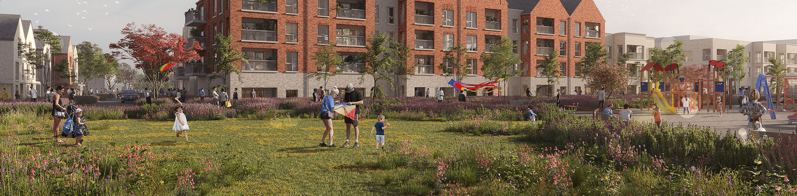 A CGI render of the proposed built form, overlooking the play area and parkland. © JTP