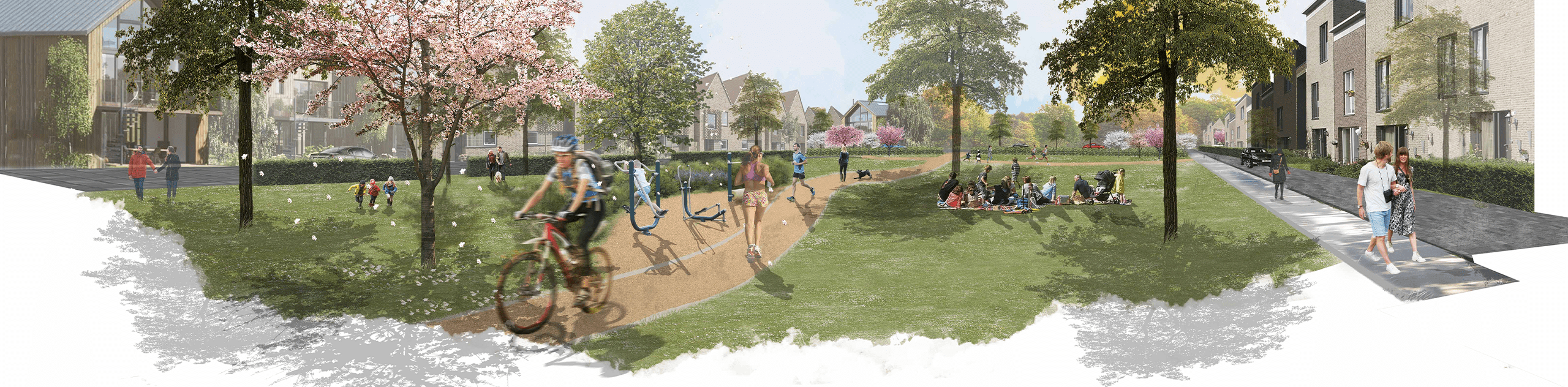 A photomontage render of a community parkland space through the development at Wintringham. © BMD