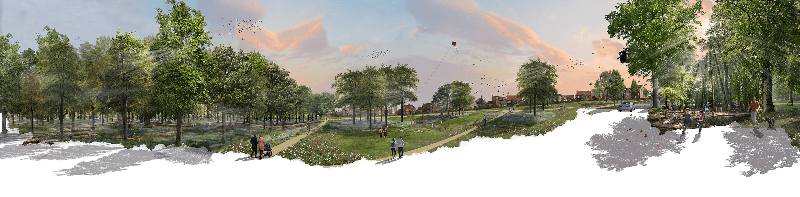 A photomontage of the proposed development at Abbey Barn, set against existing mature woodlands and open parklands. © BMD