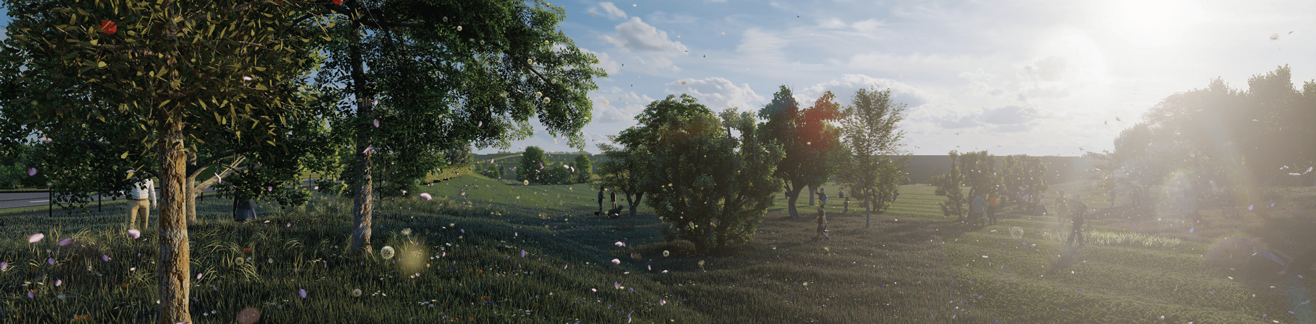 A CGI render of orchard trees proposed alongside existing ridge and furrow. © BMD A CGI render of orchard trees proposed alongside existing ridge and furrow. © BMD