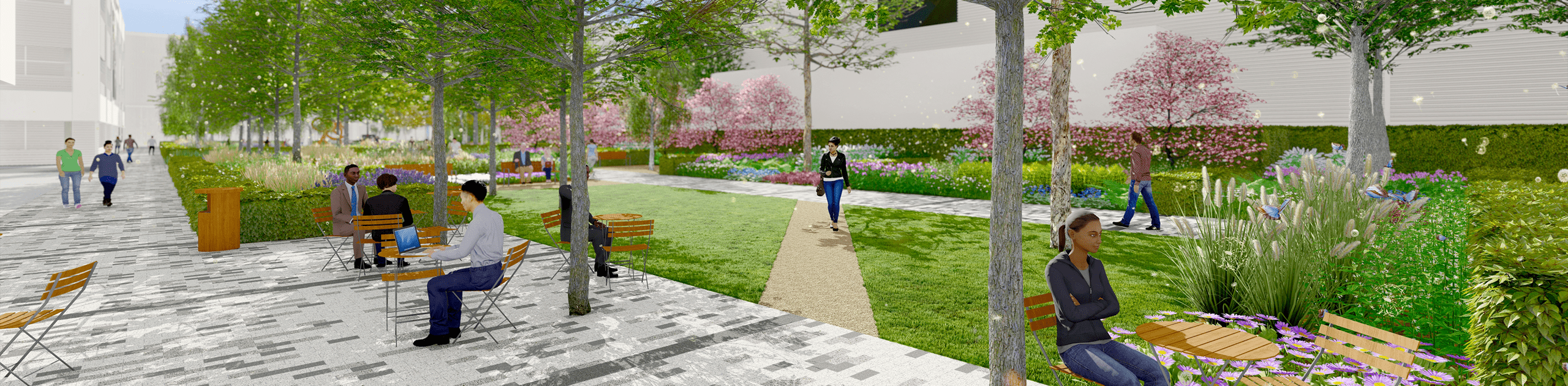 A CGI render of the plaza, showing flexible outdoor spaces within seasonal trees and planting. © BMD