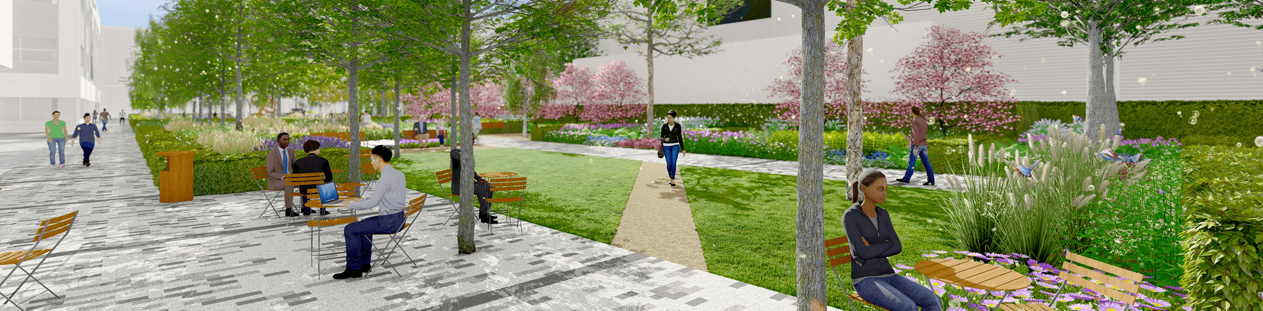 A CGI render of the plaza, showing flexible outdoor spaces within seasonal trees and planting. © BMD A CGI render of the plaza, showing flexible outdoor spaces within seasonal trees and planting. © BMD