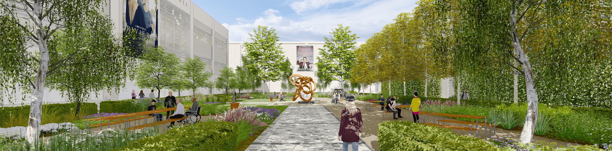 A CGI render of the plaza, showing flexible outdoor spaces within seasonal trees and planting. © BMD A CGI render of the plaza, showing flexible outdoor spaces within seasonal trees and planting. © BMD