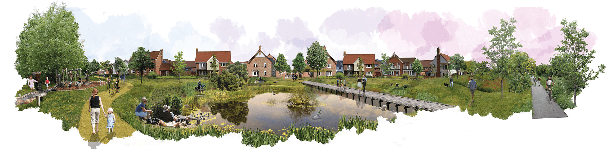 A photomontage view of proposed residential built form overlooking village green with pond, wetland planting, amenity grassland and community park. © BMD A photomontage view of proposed residential built form overlooking village green with pond, wetland planting, amenity grassland and community park. © BMD