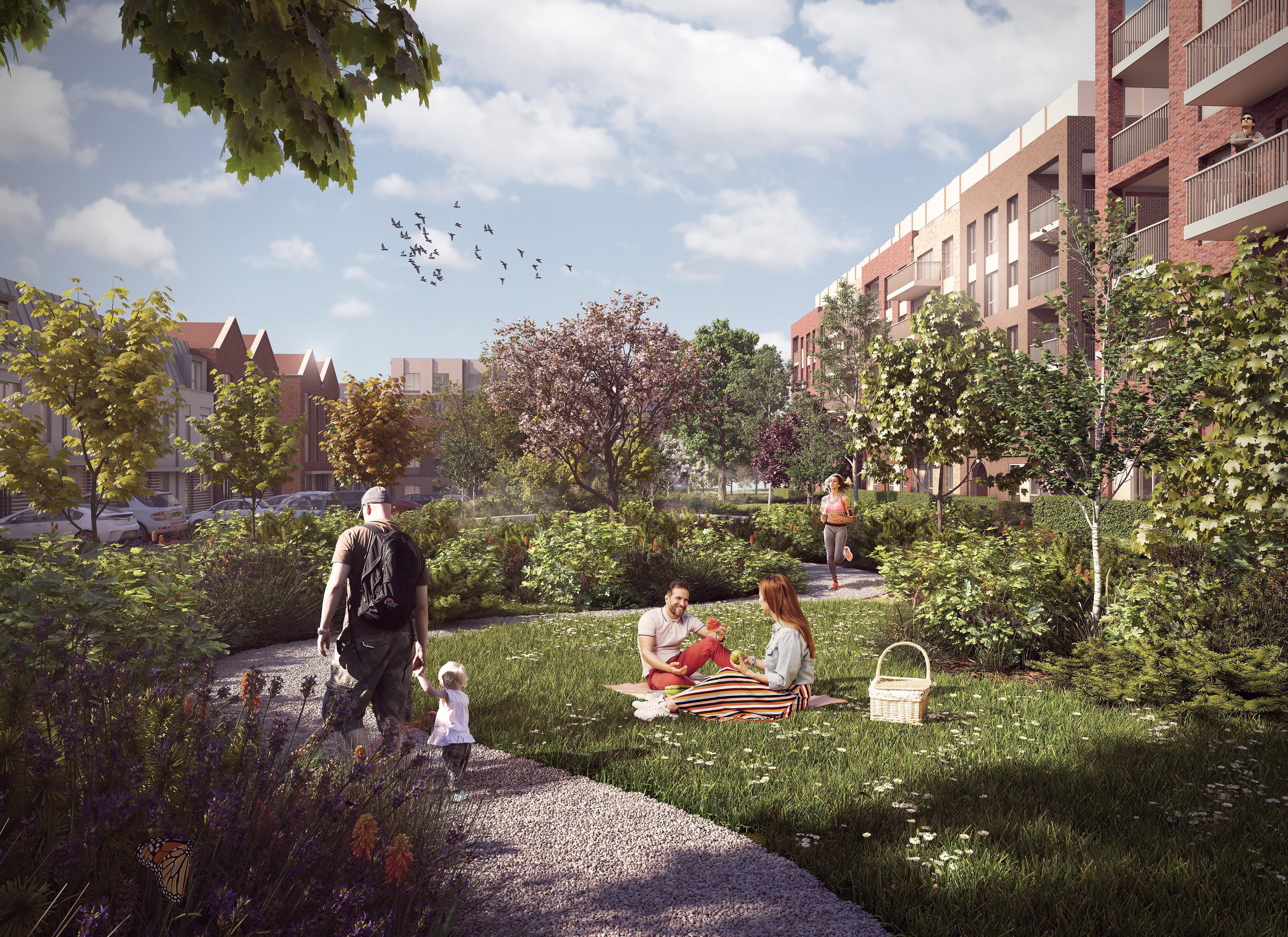 A CGI render of the proposed meandering footpath through the woodland walk at Thornhill Park. © JTP