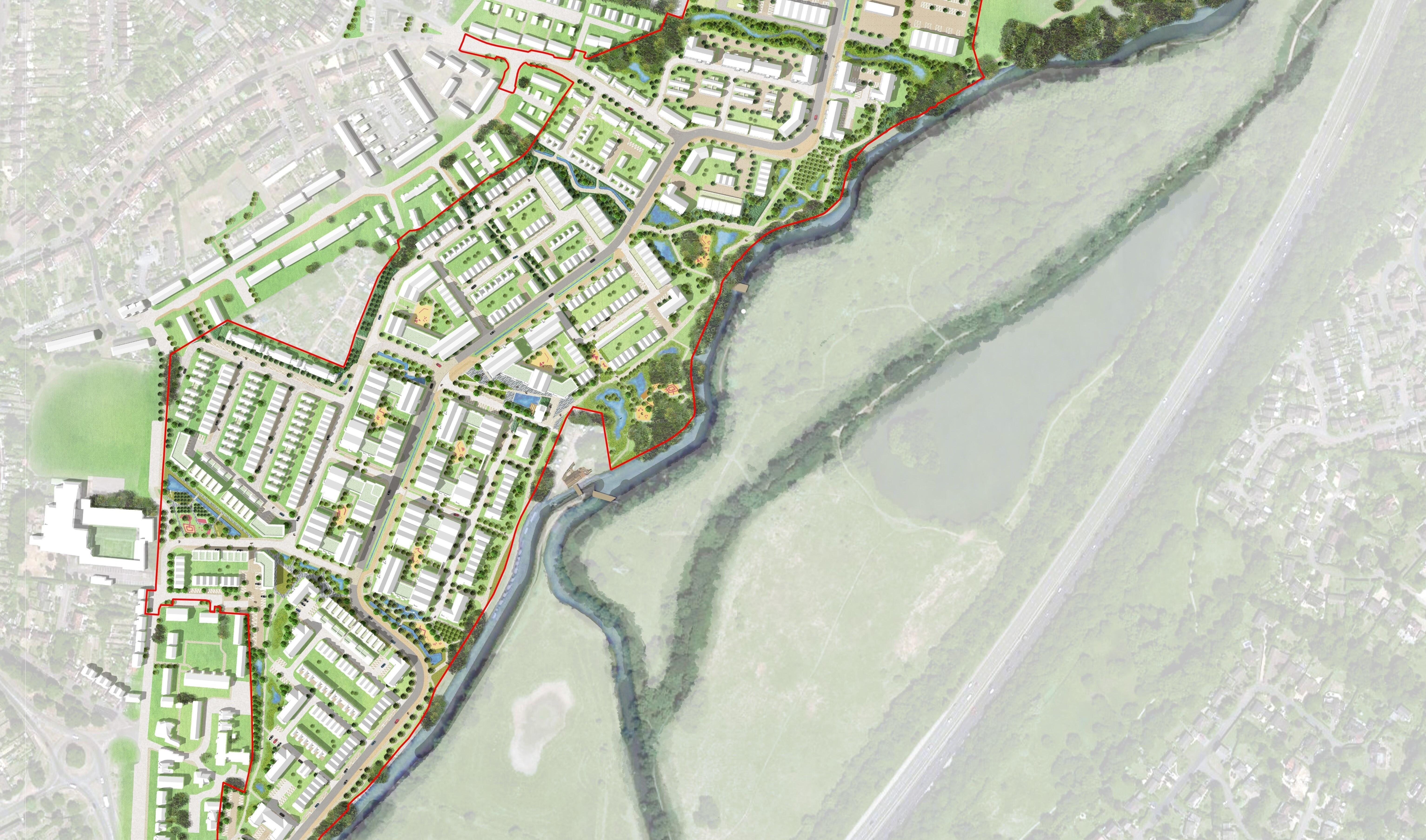 An illustrative masterplan showing the proposed landscape and development alongside the existing river at Weyside. © BMD & JTP