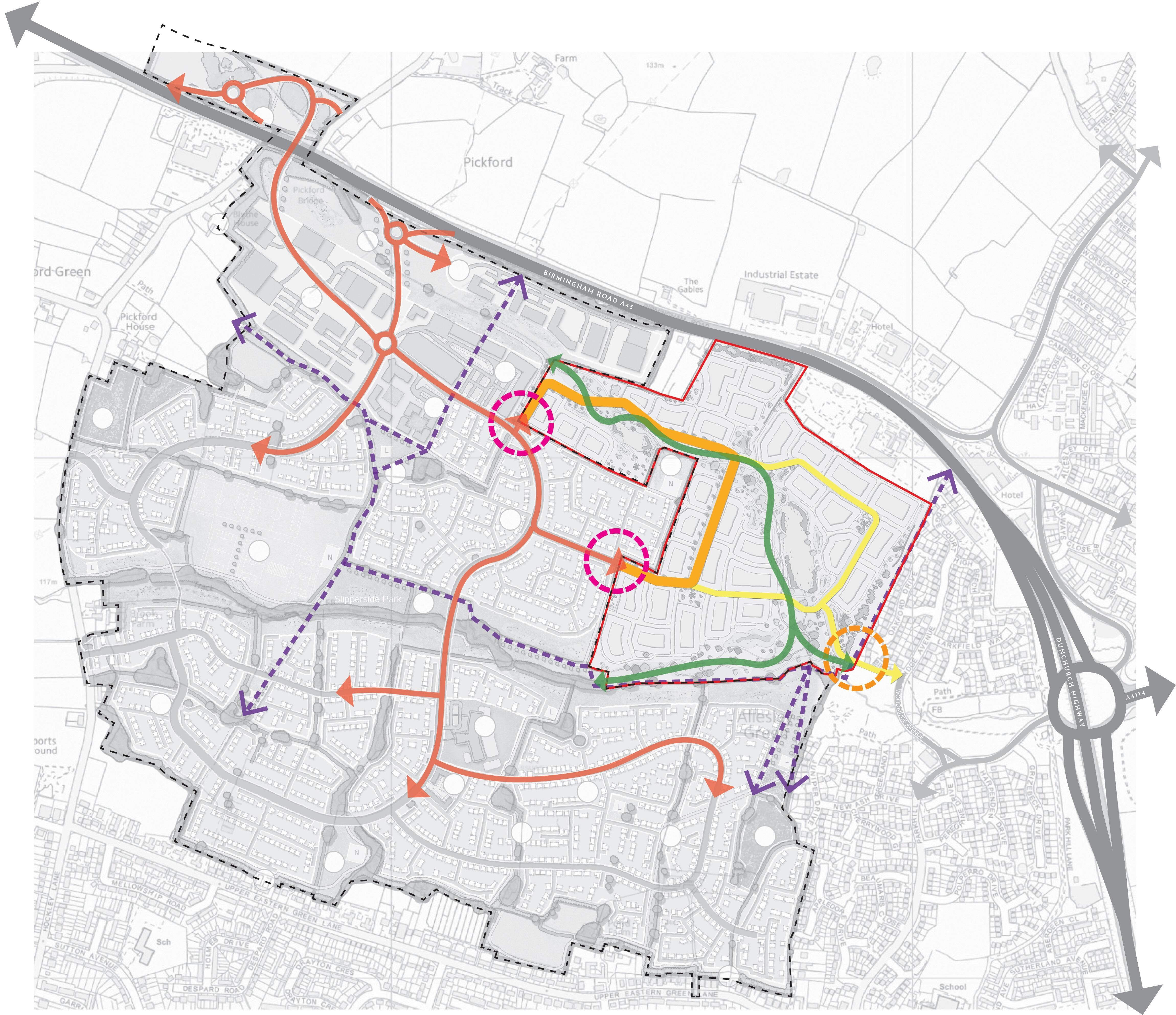 A plan showing access and movement routes for the proposals at Windmill Green. © BMD A plan showing access and movement routes for the proposals at Windmill Green. © BMD