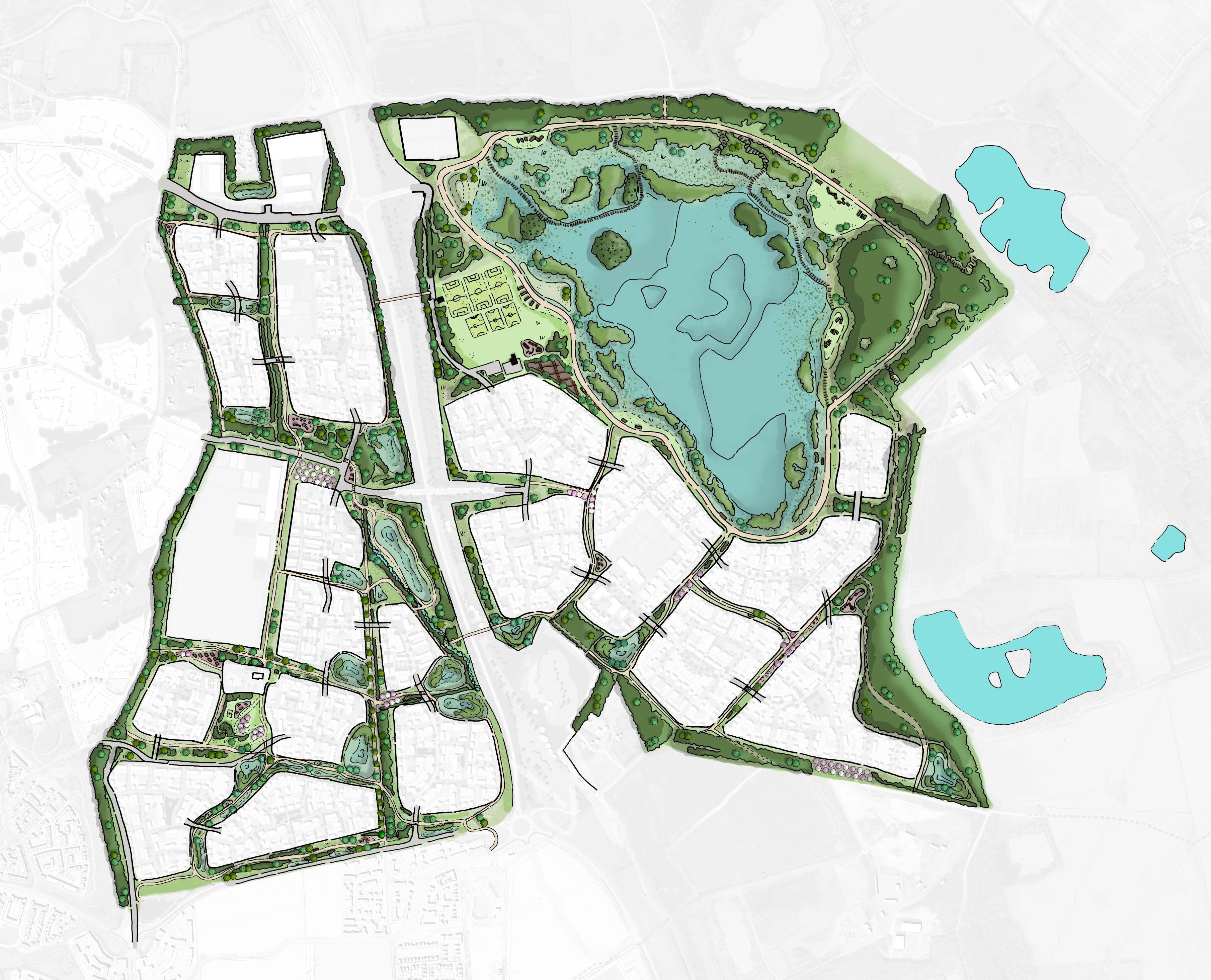 An illustrative masterplan of the green and blue infrastructure proposed at Zone 2 of Chelmsford Garden Community. © BMD
